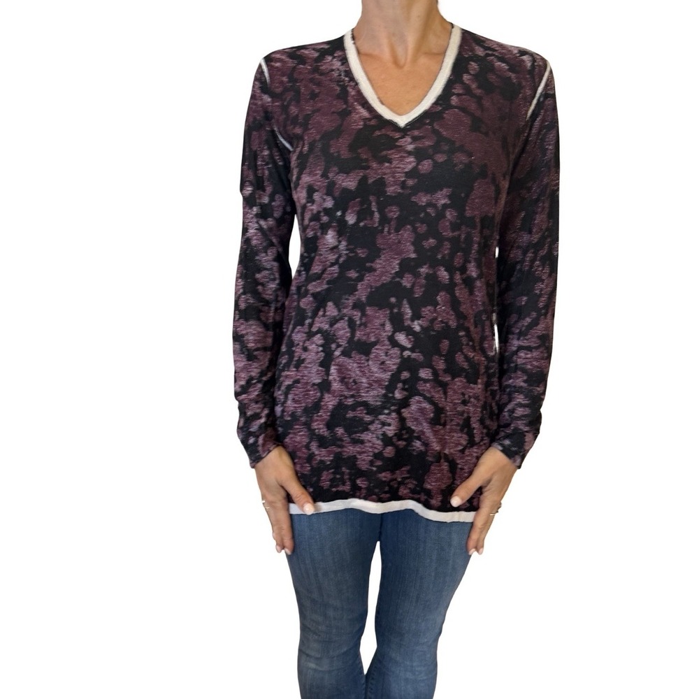 KOKUN SWEATER‎ TOP LARGE BLACK ANIMAL PRINT CASHMERE BAMBOO V-NECK  QUIET LUXURY